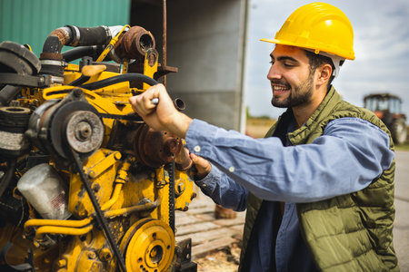 Young man working outdoors repairing engines of truck and excavator, performing maintenance and technical work on heavy machinery.の写真素材