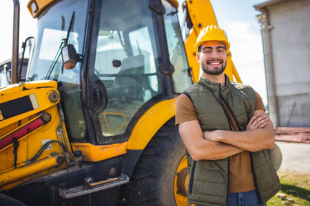 Young construction worker wearing safety gear standing confidently in front of excavator at...