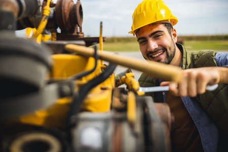 Young man working outdoors repairing engines of truck and excavator, performing maintenance and technical work on heavy machinery.の写真素材