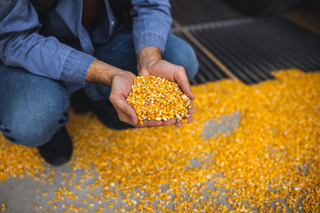 Young agricultural worker standing at corn unloading site, holding handful of corn kernels, inspecting harvest quality.の写真素材