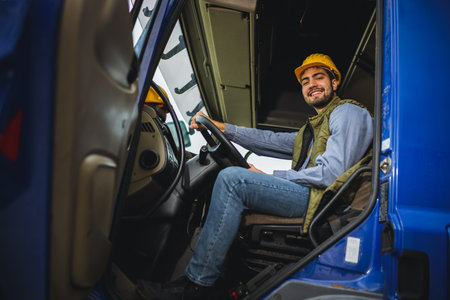 Young professional truck driver sitting inside truck cabin, ready to drive and operate the vehicle...