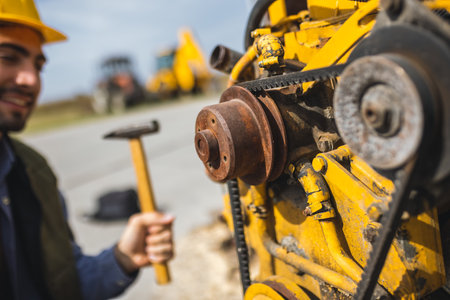 Young man working outdoors repairing engines of truck and excavator, performing maintenance and technical work on heavy machinery.の写真素材