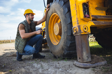 Excavator operator fixing tire on construction site