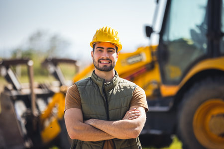 Young construction worker wearing safety gear standing confidently in front of excavator at...