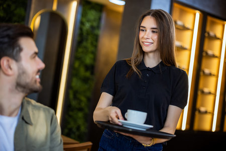 Waitress serving cup of coffee to customer at counter in coffee shop