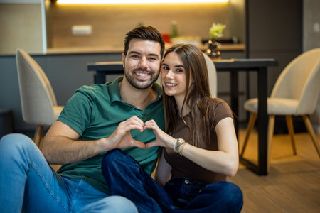 Portrait of happy young couple sitting on sofa in living room at homeの写真素材