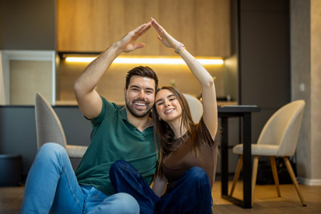Portrait of happy young couple sitting on sofa at home and looking at cameraの写真素材