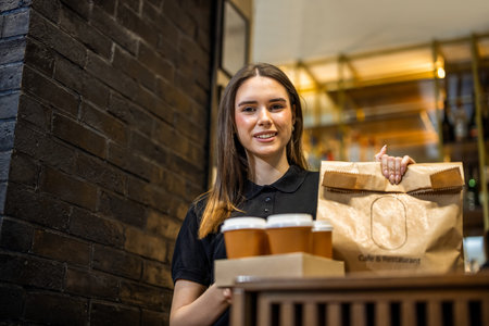 Young woman in a coffee shop with a package of takeaway coffee.