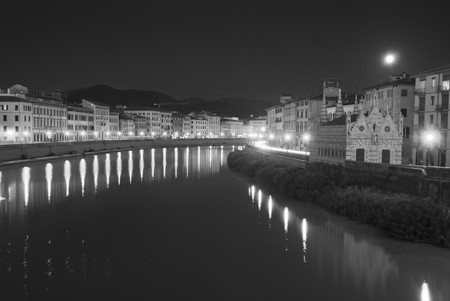 Night view of Lungarni in Pisa, Italyの写真素材