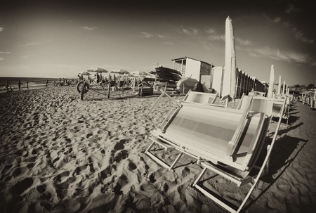 Beach Umbrellas on the Shore, Italian Coastの写真素材