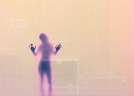 Woman Silouette with her Hands at the Wall, Swedenの写真素材