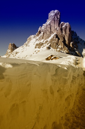 Snowy Landscape of Dolomites Mountains during Winter Season, Italyの写真素材