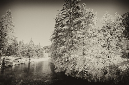 Snowy Landscape of Dolomites Mountains during Winter Season, Italyの写真素材