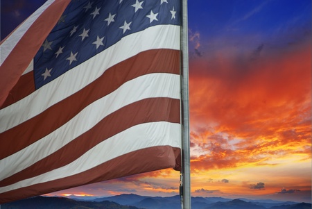 Sunset over American Flag, U.S.A.の写真素材