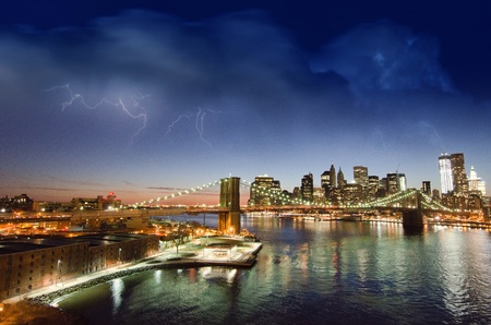 New York City Lights at Sunset, view from Manhattan Bridgeの写真素材