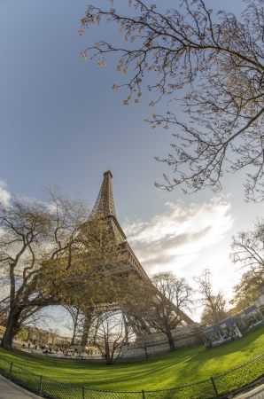 Upward view of Eiffel Tower in Paris, Franceの写真素材