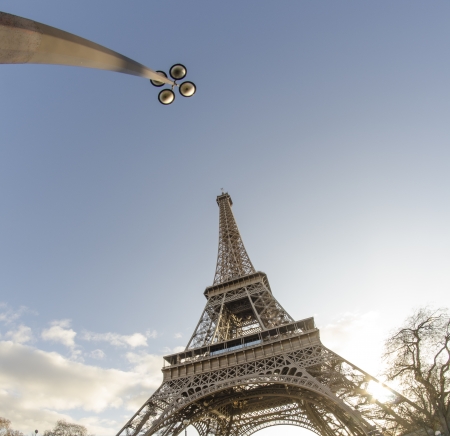 Upward view of Eiffel Tower in Paris, France