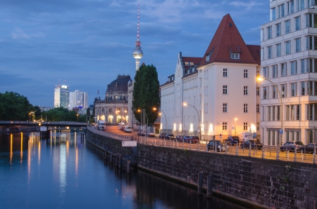Berlin Landmarks and Buildings after sunset with river spree and deep blue sky, Germanyのeditorial素材