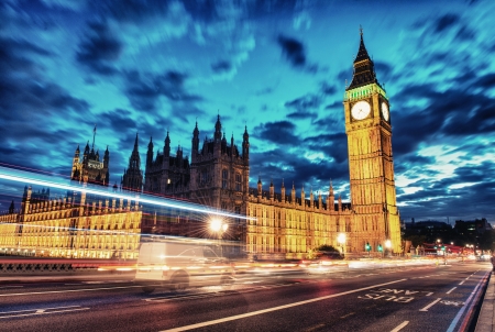 Palace of Westminster with Big Ben seen from Westminster Bridge at Night - London - UKの写真素材