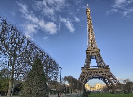 Eiffel Tower and Champ de Mars in Paris, France. Famous landmarkのeditorial素材