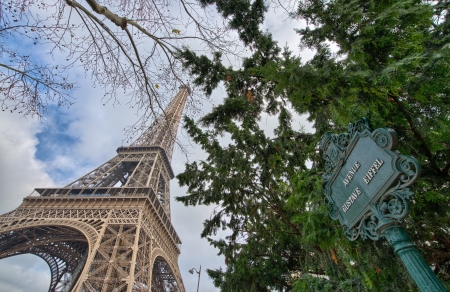 Wonderful wide angle view of Eiffel Tower in Paris - Winter Season Colors.の写真素材
