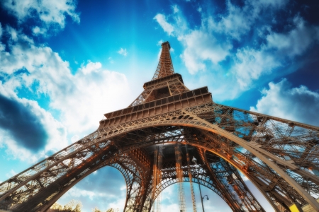 Paris  Beautiful view of Eiffel Tower with sky sunset colors の写真素材