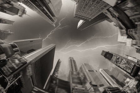 Upward fisheye view of Times Square Skyscrapers - Ads Removed - USA