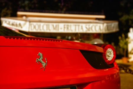 ROME - NOV 1: Red Ferrari shines at Gianicolo, November 1, 2012 in Rome. Ferrari has been noted for its continued participation in racing, especially in Formula One, where it has had great success.のeditorial素材