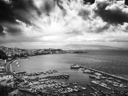 Gulf of Naples - Wonderful aerial view with city, sea and dramatic sky の写真素材
