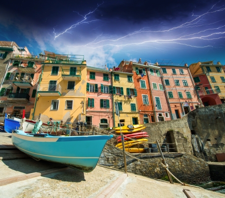 Cinque Terre  Beautiful view of the port with boats and colourful homes のeditorial素材