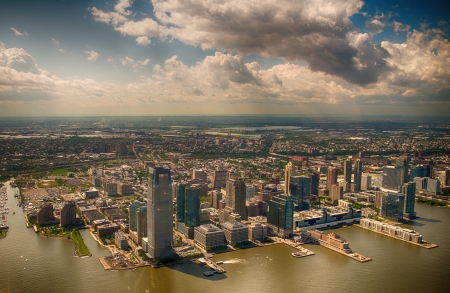 Wonderful helicopter view of Jersey City on a beautiful summer day.の写真素材