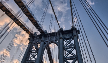 Metallic structure of Manhattan Bridge Pylon, New York City.の写真素材