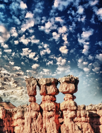 Bryce Canyon, Utah. Three Hoodoos at summer sunset in the National Park.の写真素材