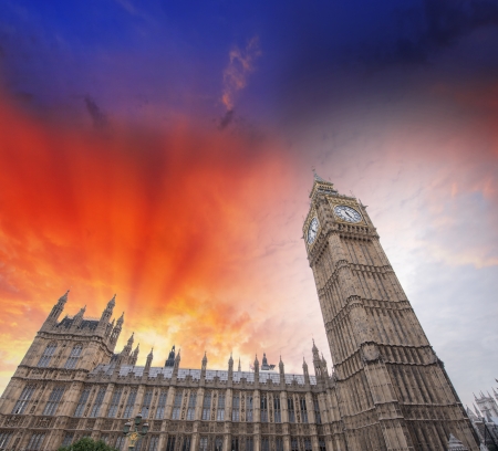 Upward view of Magnificent Big Ben Tower. Beautiful sunset in London.の写真素材