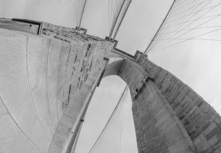 Fisheye lens photo of Brooklyn Bridge pylon in New York City, U.S.A.の写真素材