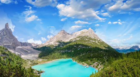 Panoramic view of Lake Sorapiss, faboulous landscape of Dolomites - Italy.の写真素材