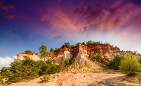 Panoramic view of Colorado Provencal rocks and vegetation, France.