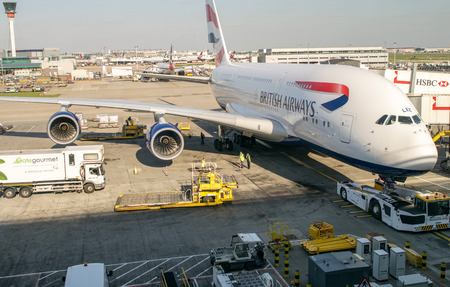 LONDON - APRIL 11, 2014: British Airways Airbus A380 in Heathrow airport. British Airways if the...