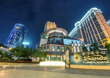 TAIPA, CHINA - APRIL 22, 2014: Macau strip with casinos light and skyscrapers. Macau overtook the Las Vegas Strip in gaming revenues in 2007のeditorial素材