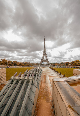 Eiffel Tower view from Trocadero gardens with fountains.の写真素材