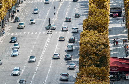 PARIS - JULY 21, 2014: Aerial view of Champs Elysees street. The street is one of the most expensive strips of real estate in the world.のeditorial素材