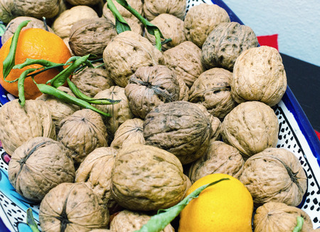 Walnuts on a tray.の写真素材