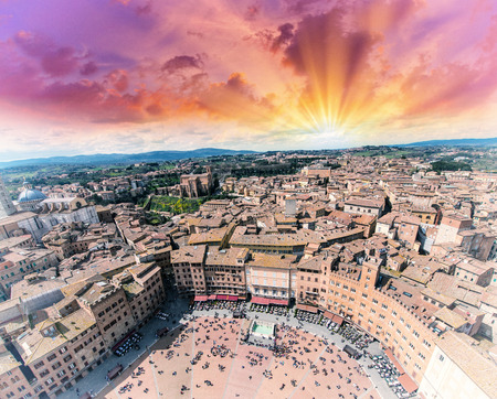 Wonderful aerial view of Piazza del Campo, Siena on a beautiful sunny day.の写真素材