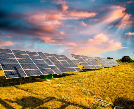 Solar panels on a countryside field with sunny sky.の写真素材