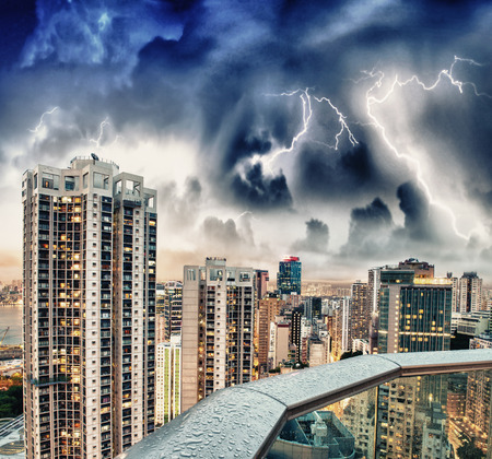 Bad weather over city skyscrapers on a modern city.のeditorial素材