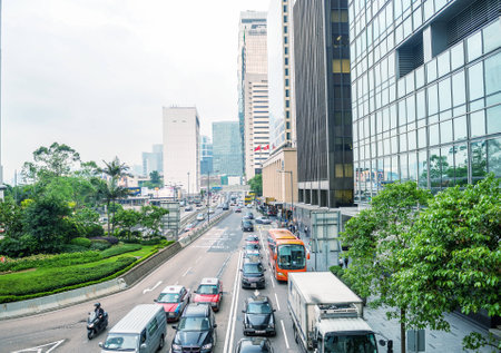 HONG KONG - MAY 11, 2014: Hong Kong city traffic at night. More than 90 percent of city population use public transportation system.のeditorial素材