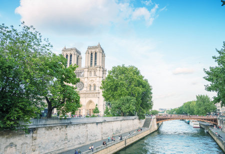 Notre Dame cathedral in Paris on a beautiful summer day.の写真素材