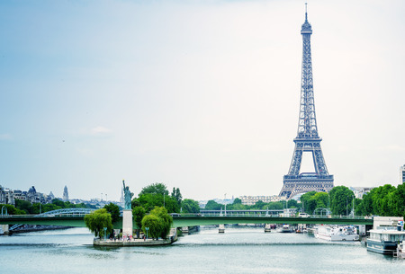 Ponte de Grenelle, Statue of Liberty and Eiffel Tower - Paris, France.の写真素材