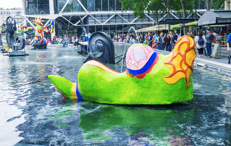 PARIS, FRANCE - JULY 22, 2014: Stravinsky Fountain is a fountain with 16 works of sculpture, Paris,...