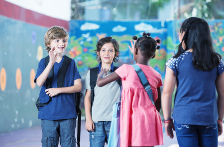 Multi ethnic elementary classroom kids greeting each other in the school yard.の写真素材